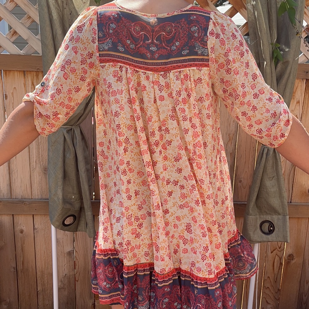 Free people dress short sleeves with pockets peach red paisley print - Picture 4 of 7